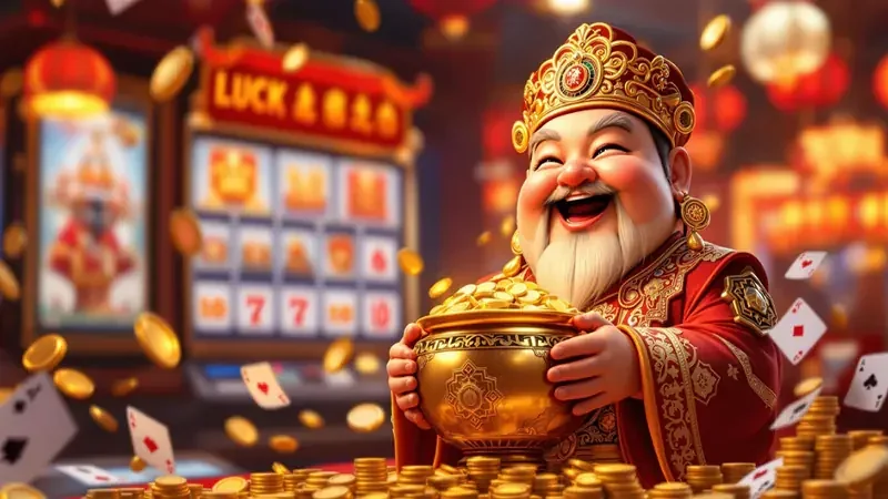 Layar slot video dengan reel, simbol khusus, dan latar permainan