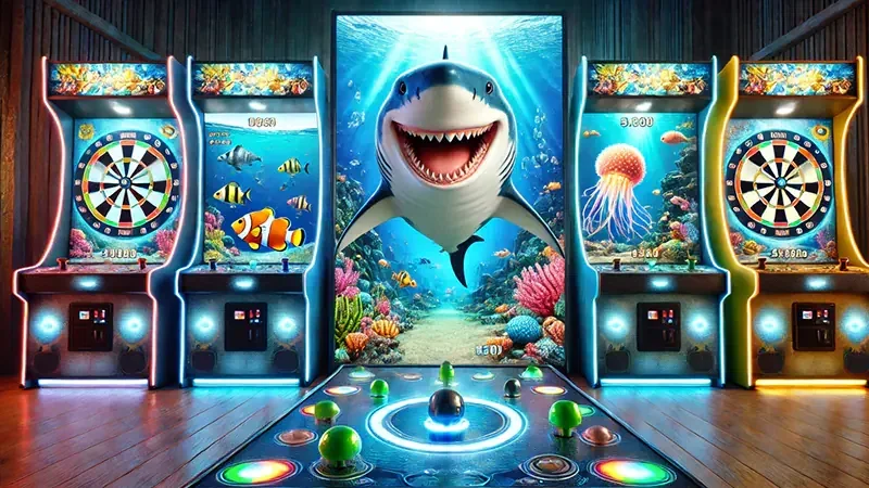 Adegan ikan dan efek tembakan dalam permainan arcade bawah laut